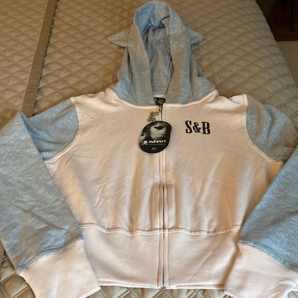 Sugar & Babe Women’s Cropped Cat Hoodie. Pink/Gray. Size Medium. - Picture 1 of 9